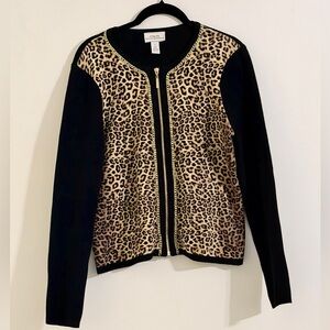 Chico's Black & Leopard Zip-Front Cardigan Size M